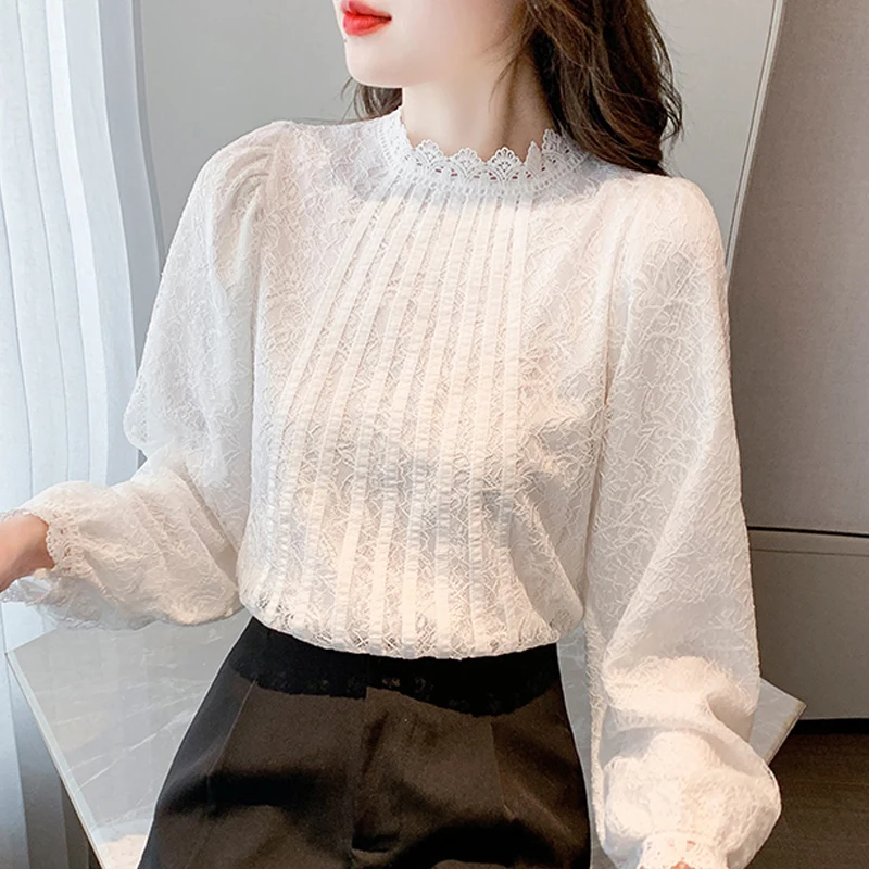 Spring Women’s Long Sleeve White Lace  Blouse Shirt Fashion Stand Up Collar Blouse Women Tops Blusa Mujer Moda 2024 Blusa H474