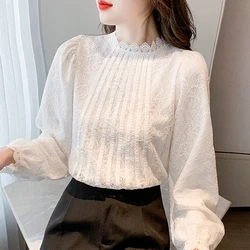 Spring Women’s Long Sleeve White Lace  Blouse Shirt Fashion Stand Up Collar Blouse Women Tops Blusa Mujer Moda 2024 Blusa H474