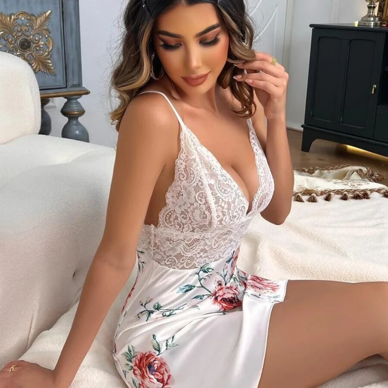 

Sexy Dessous Neu 2024 Sexy Lingerie Slip Dress Satin Print Pajamas Nightdress Lace Patchwork Home Wear Corset Mujer Sleepwear