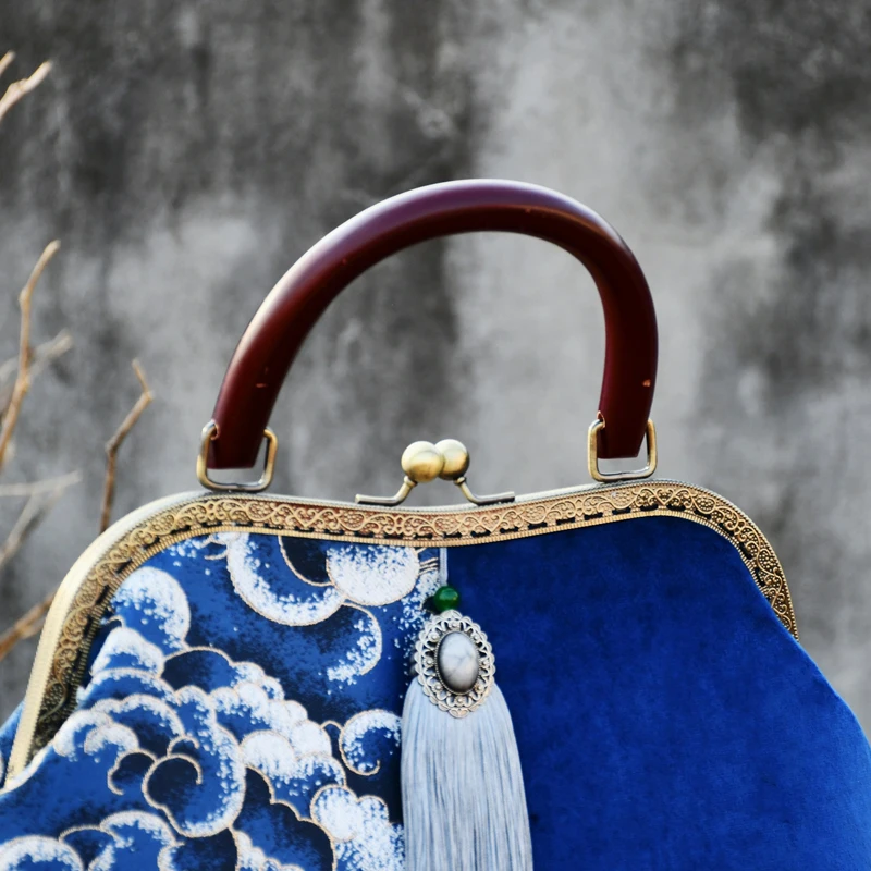 Top Handle Handbag Classic Blue Bags Mother Gift Bag Women Fringe Tassel Bags Wood Frame Bag