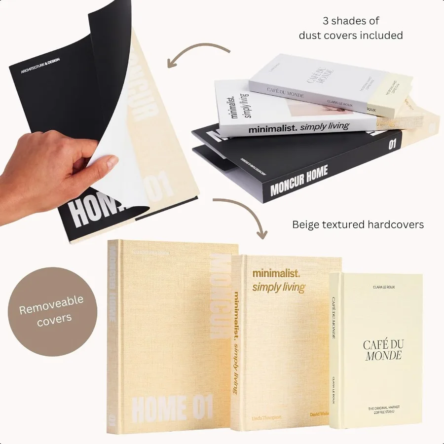 Поддельные книги для украшения Набор из 3-х книг журнального столика Нейтральный бежевый домашний декор Черно-белый журнальный столик Съемные чехлы с R