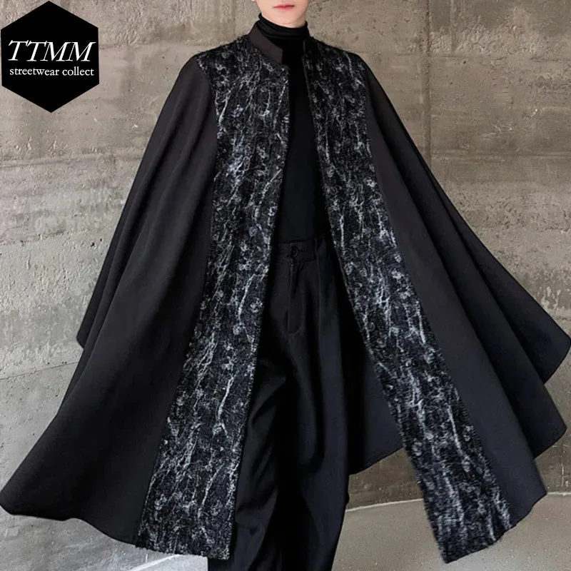 Men's Woolen Patchwork Silhouette Cloak Coat Men's High-end Zen Taoist Robe Windbreaker