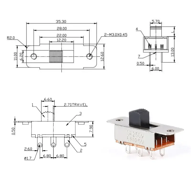 5pcs 6-pin 3rd Gear Toggle Switch 3A 250V 6A 125V Standing Switch SS-23E29 Large Current Household Appliances 2P3T AC Terminal