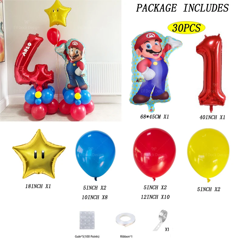 30pcs Super Mario Balloon Set 40inch Number Foil Ball Boy Girl Birthday Party Balloon Children Baby Shower Decorations Supplies