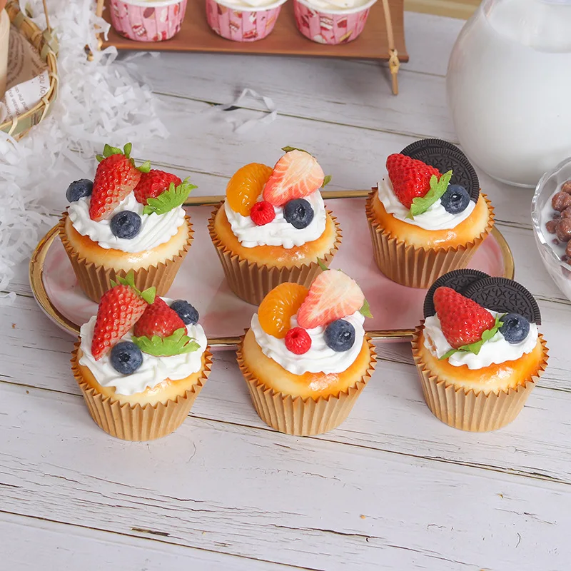 Fake Cupcake Fruit Cake Strawberry Artificial Food Simulation Refrigerator Stickers Wedding Photography Props Decoration view 3