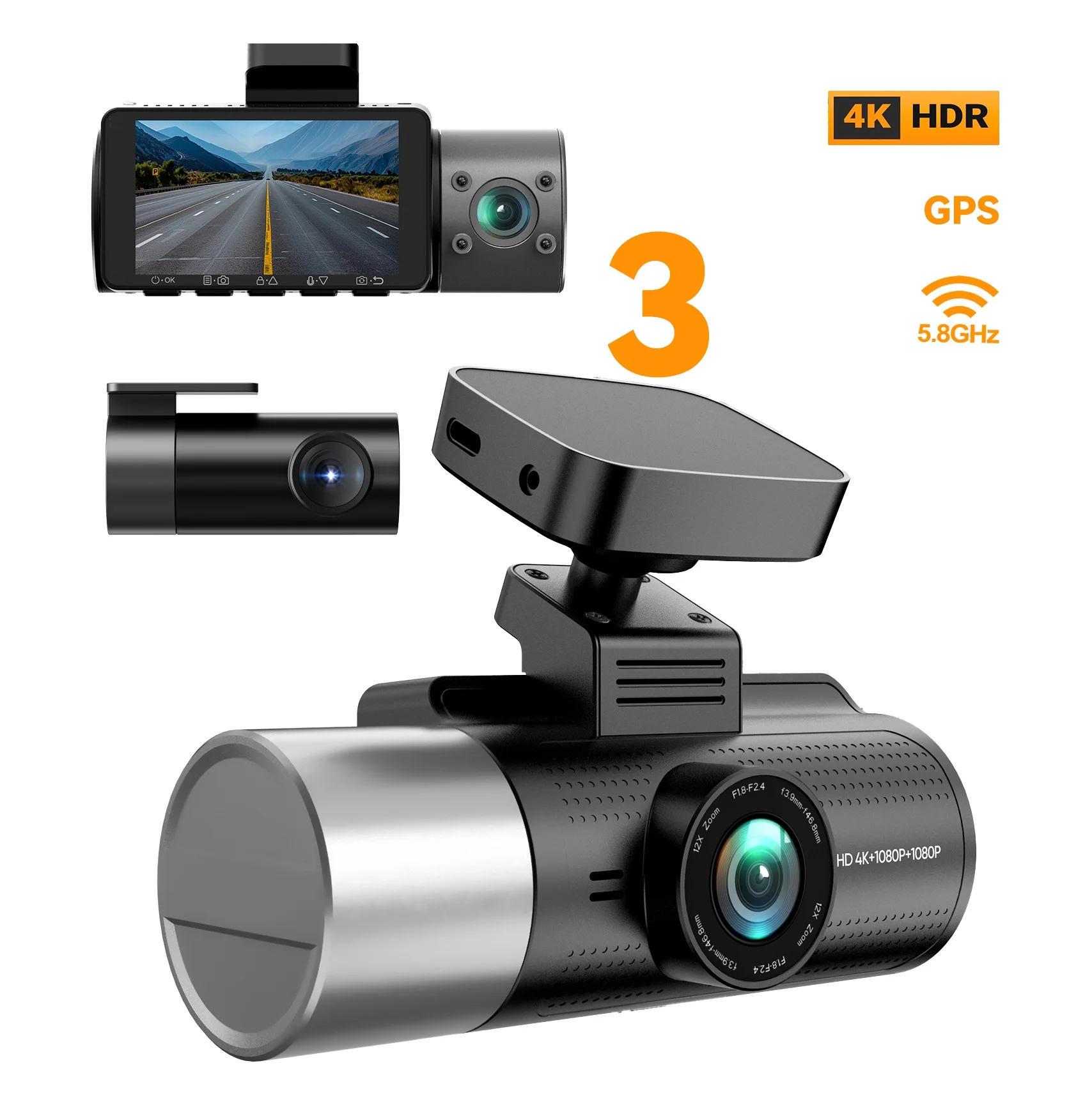Starvis Sensor Android Auto Dash Cam Relee 4K 360 Degree Front Interior 4K 3-Channel 5.8G Wifi GPS HDR Night Vision Voice DVR