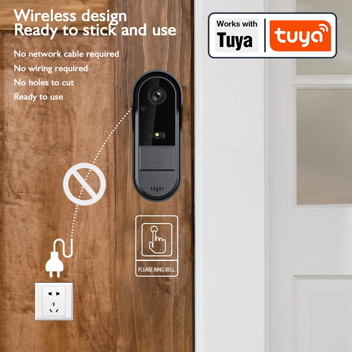 Tuya กริ่งวิดีโออัจฉริยะไร้สาย Wi-Fi กล้อง HD สองทิศทางรองรับ1080P การ์ด SD กันน้ำ1000mAh สแตนด์บายได้นานเป็นพิเศษ