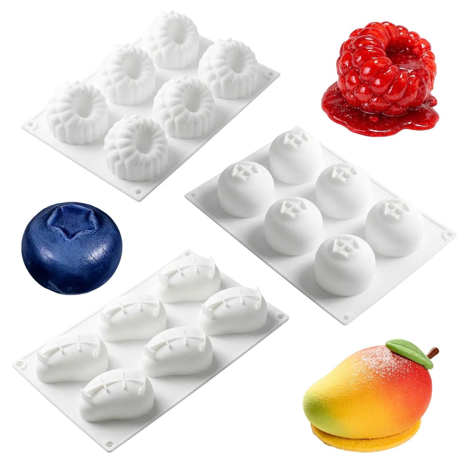 3Pcs 3D Mango Raspberry Blueberry Shaped Silicone Cake Molds Pastry Bakeware Fruit Mousse Cake Baking Mousse Dessert Baking Tool