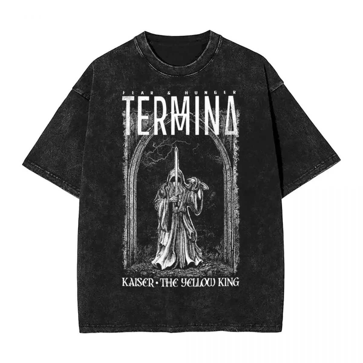 

Washed T Shirt Fear And Hunger Termina Kaiser The Yellow King Hip Hop T-Shirt 100% Cotton Tee Shirt for Men