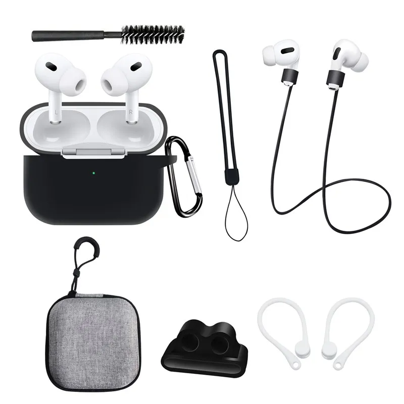 8 in 1 case For AirPods Pro 2 silicone anti-lost rope ear hook+small hand rope cleaning brush+bag for Airpods pro 2 2022 Case