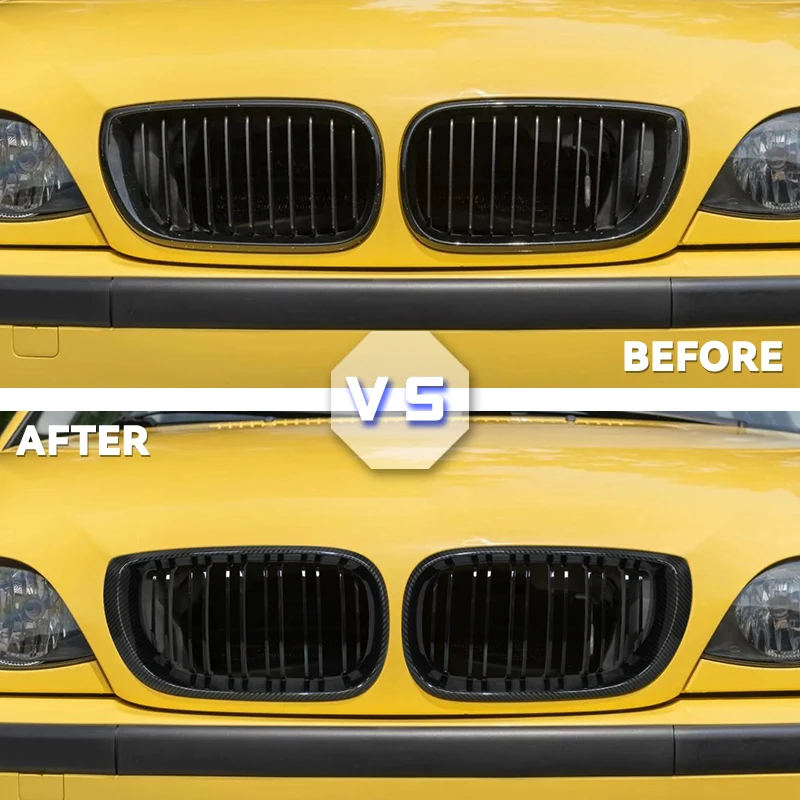 Pair Car Front Kidney Grills Gloss Black 2 Slat Hood Grill For BMW 3 Series E46 4 Door 2002-2005 Racing Grille