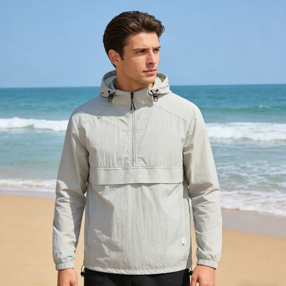 Spring Summer Men Lightweight Anorak Jacket Fashion Man Half Zip Sunscreen Hooded Coats Men UPF50+ Windbreaker Waterproof Jacket