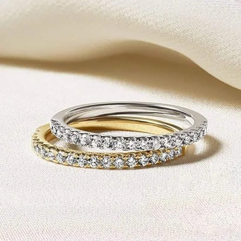 Lnngy zertifizierter 2 mm Moissanit-Halb-Eternity-Ring, 14 Karat Gold gefüllt, stapelbare Verlobungsringe für Frauen, Ehering, Schmuck, Geschenk – Detail 2