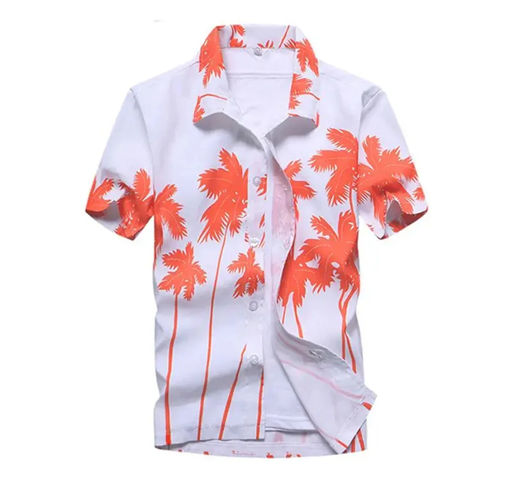 Summer Breathable Hawaiian Shirts Men Coconut Tree Printed Short Sleeve Button Down Vacation  Plus Size