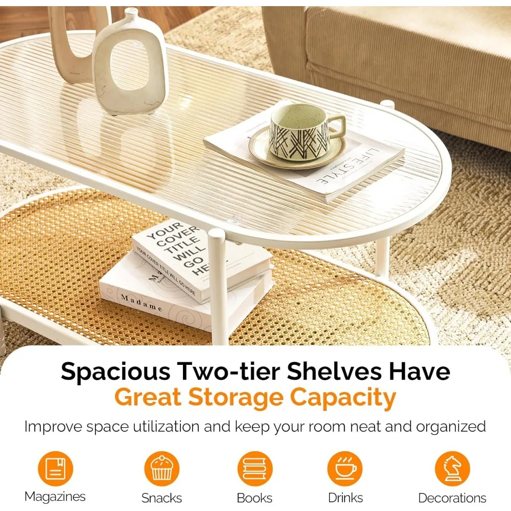 Mesa de centro moderna de metal y vidrio de 2 niveles con diseño ovalado de ratán y solución de almacenamiento estilo granja