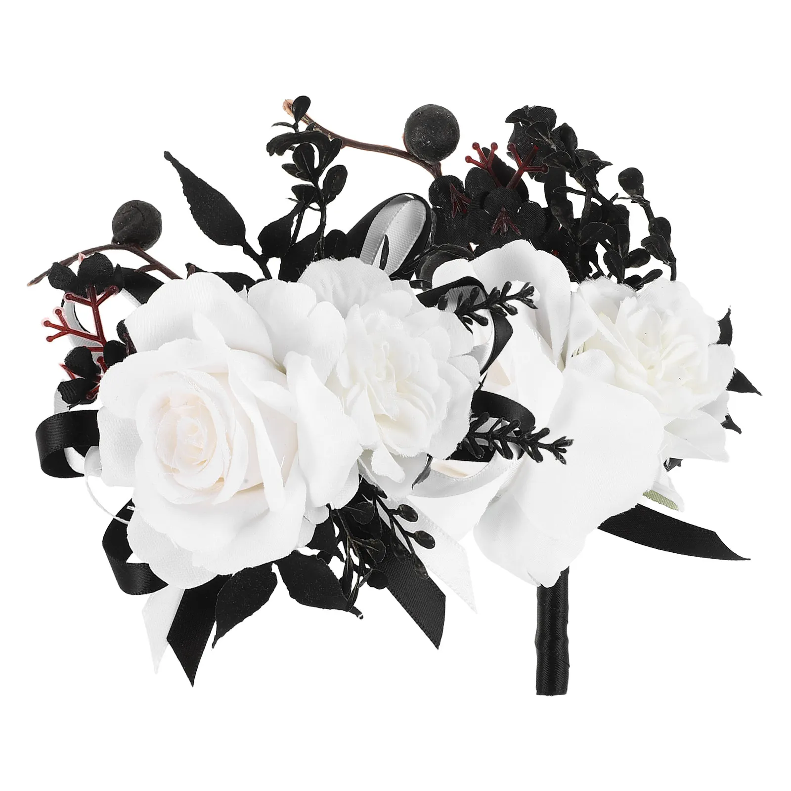 1Set Gothic Wedding Corsage Wristlet and Boutonniere Silk Rose Bridal Flower Bride Groom Accessories for Church Castle