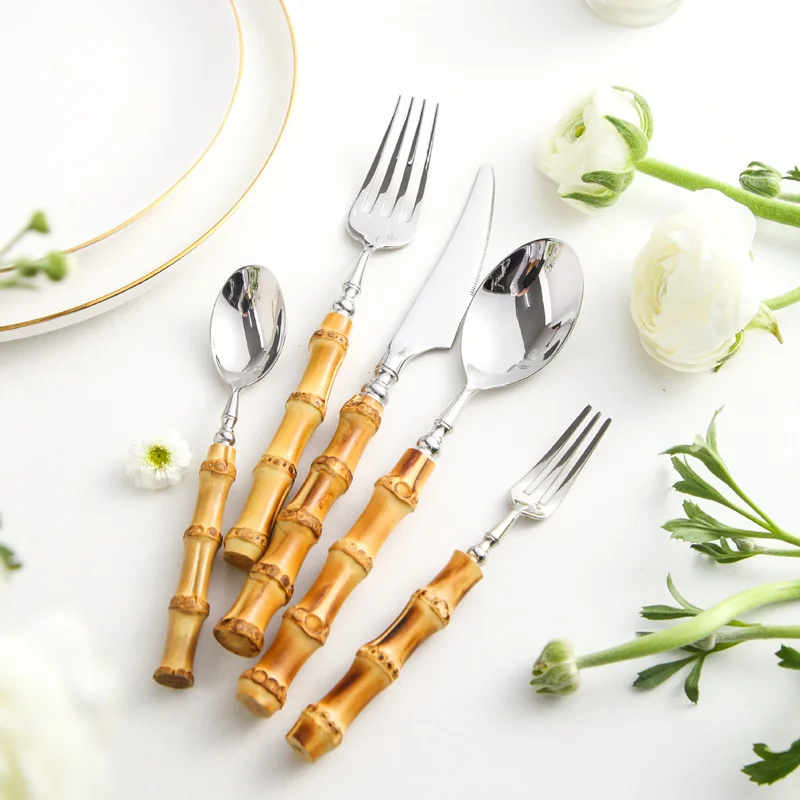 20Pcs Creative Nature Bamboo Cutlery Set 304 Stainless Steel Steak Cutlery Tableware set Spoon and Fork Bamboo Silverware