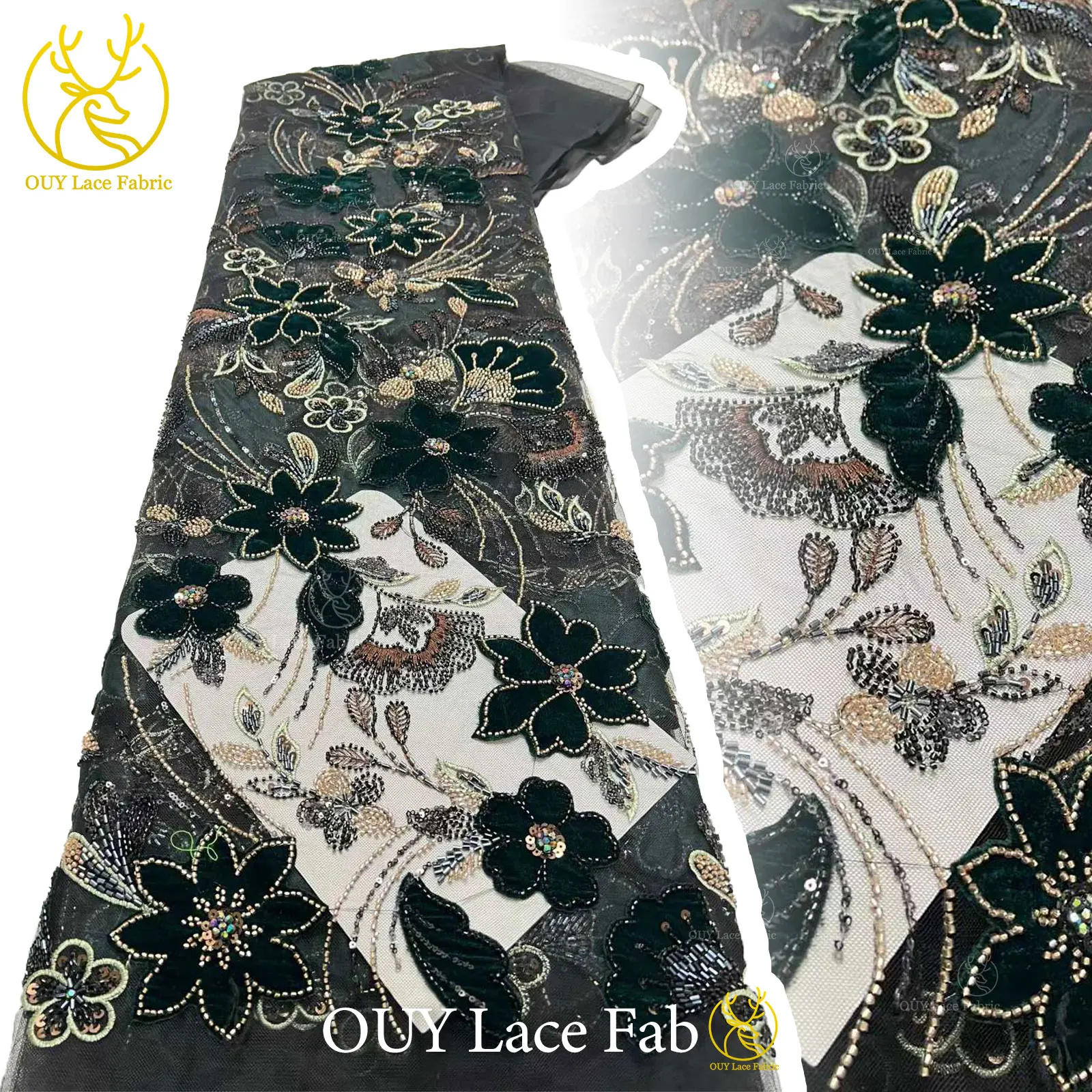 

African Velvet Embroidered Heavy Beaded Lace Fabric 2026 Luxury Nigerian Sequin Lace Fabric for Women's Party Evening Gowns