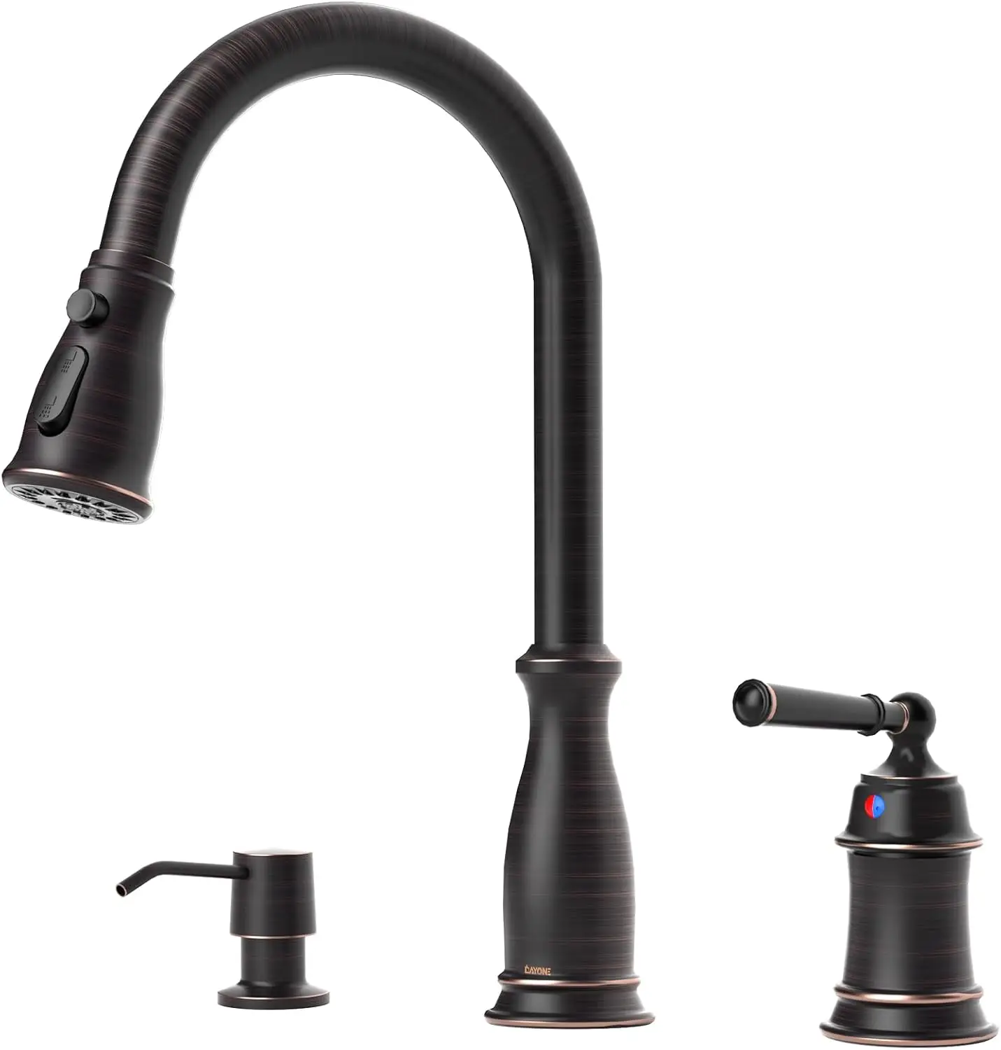 

3-Hole Kitchen Sink Faucet with Soap Dispenser, Separate Handle, Pull Down Sprayer in Oil Rubbed Bronze Finish