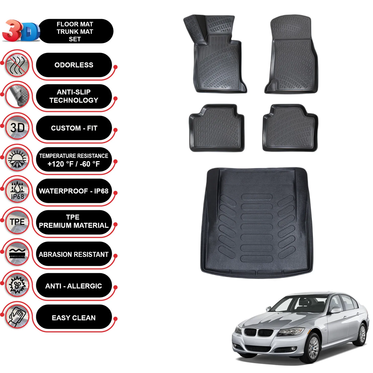 BMW 3 E90 - (2004-2013) - Floor Mats + Cargo Trunk Liner - SET - (Black)