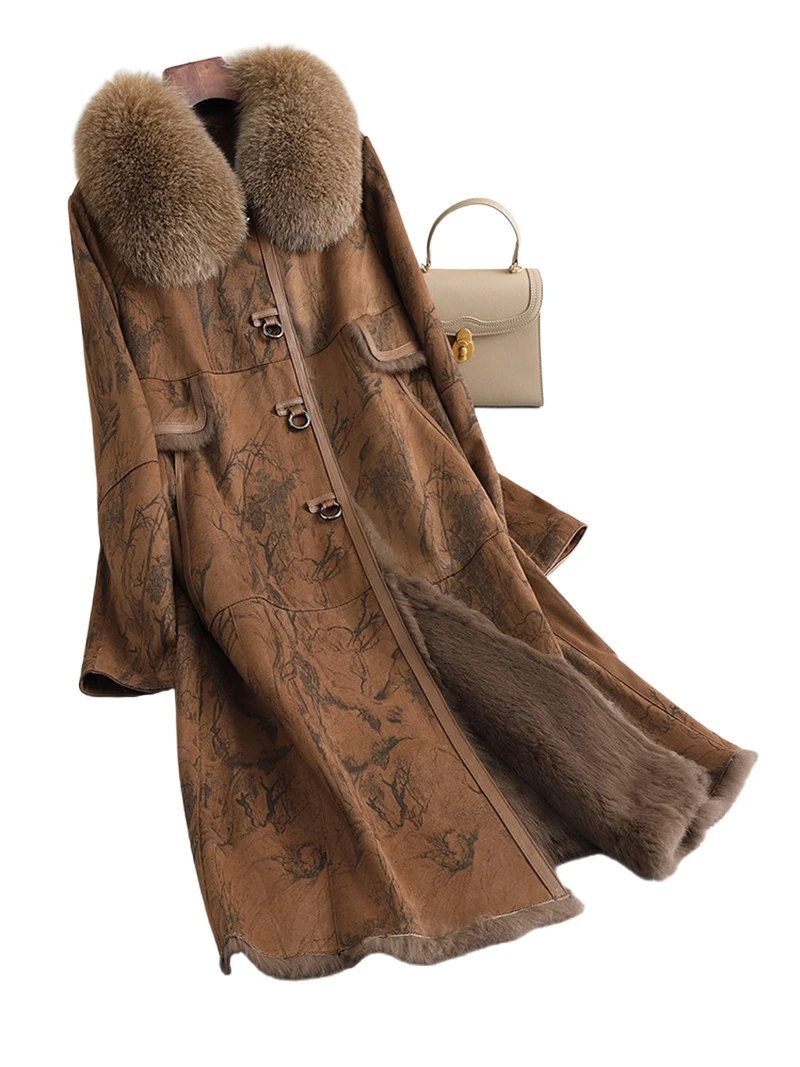 

Rabbit fur one-piece coat for women, mid-length fox fur collar, rabbit fur Haining fur coat for women