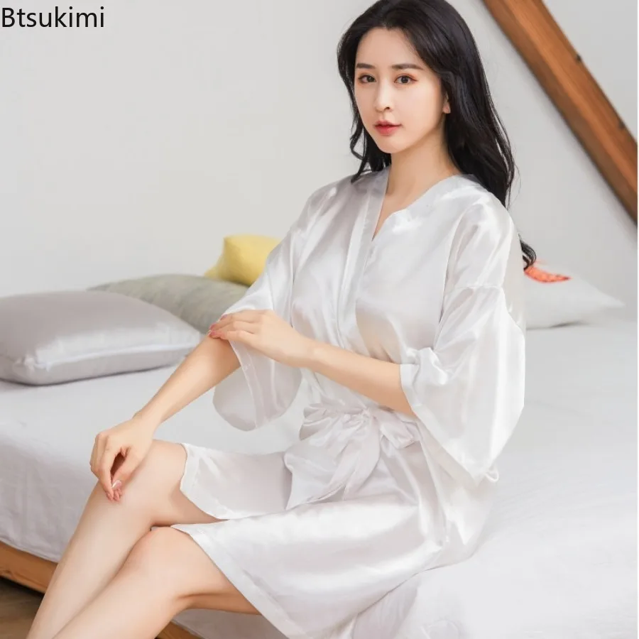 New 2026 Summer Women's Silk-like Kimono Robe Bathrobe Bridesmaid Robes Sexy Solid Color Robes Satin Dressing Gowns for Women