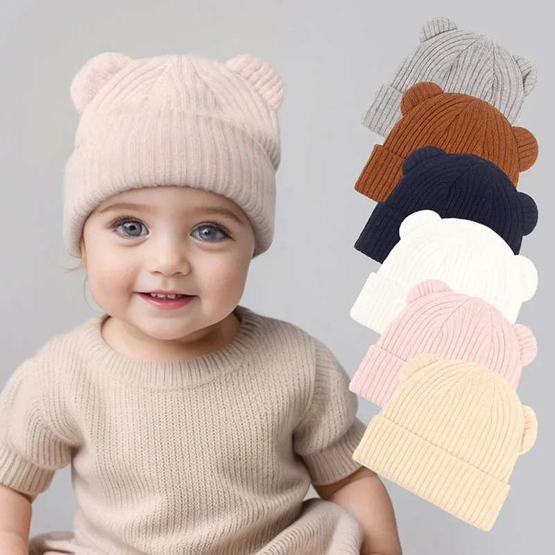 

0-2year Baby Knitted Hat Kids Solid Color Woolen Pullover Cap Boys Girls Infant Winter Warm Beanies Basic Toddler Crochet Bonnet