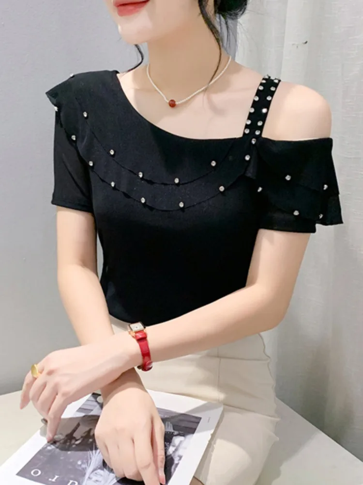 #7233 Black Blue Rose Red Mesh T Shirt Women Skew Collar Diamonds Sexy Tight Elastic Short Tshirt Female One Shoulder Summer2024