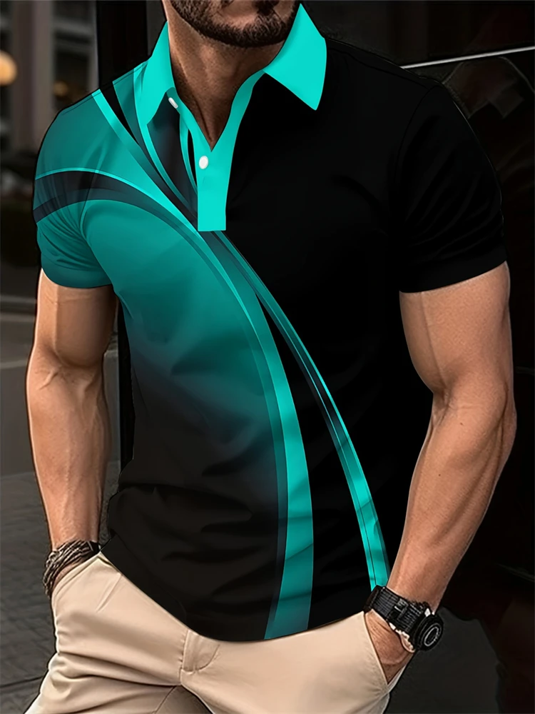 Simple Striped Design Men's Button Polo Shirt Flip Collar Pullover Short Sleeve Outdoor Casual Sports Solid Color Lapel T Shirt