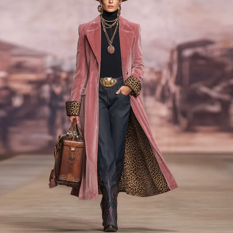 AW Vintage Pink Velvet Long Trench Coat Women Leopard Lining Lapel Overcoat Western Style Fit Winter Outerwear Long jacket Coat
