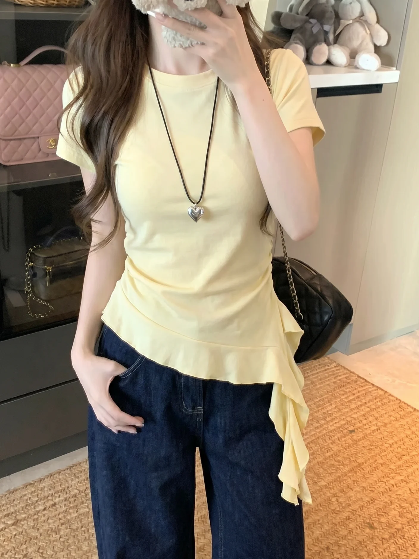 plus Size Women's T-Shirt Summer Slim Fit Short Sleeve Irregular Hem round Neck Korean Style Breathable Comfortable Casual Top