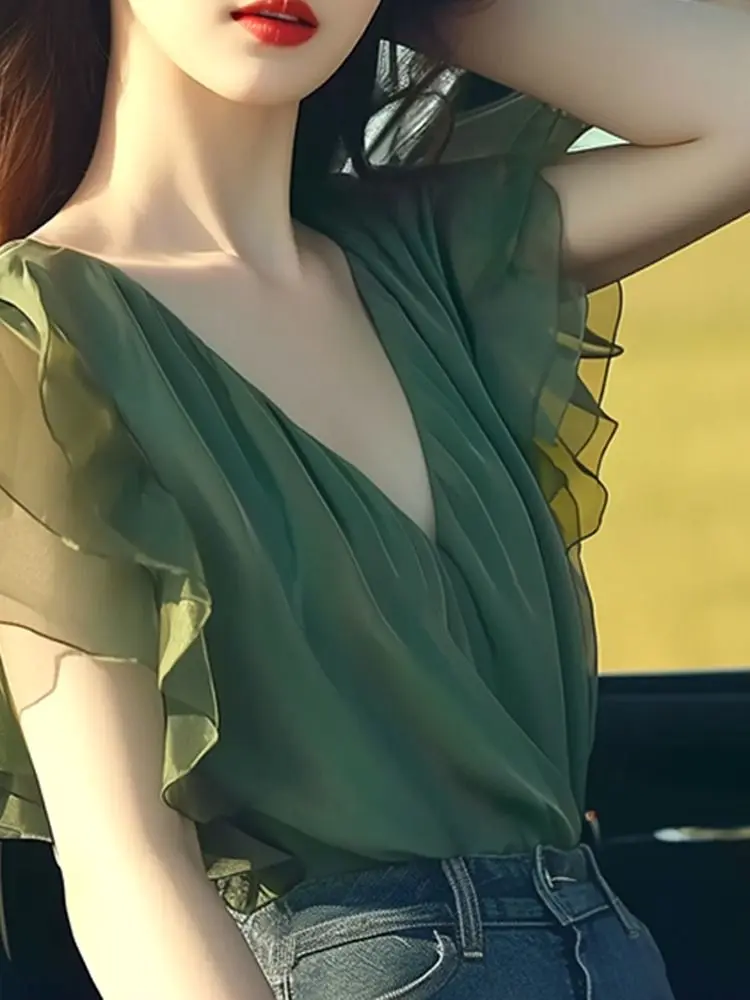 Camisa sin mangas de gasa con manga de hoja de loto verde, diseño único de moda, Top de verano