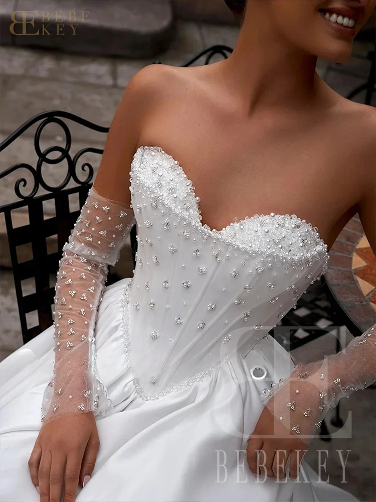 BEBEKEY فساتين زفاف مطرزة باللؤلؤ على شكل قلب على شكل حرف a فستان زفاف رسمي مخصص بأكمام طويلة فيستدوس دي نوفيا