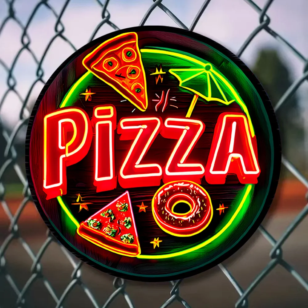 2D Flat Metal Tin Sign Neon-Style Pizza Wall Decor  Round Durable Waterproof Fade-Resistant Indoor Outdoor Home Garden K