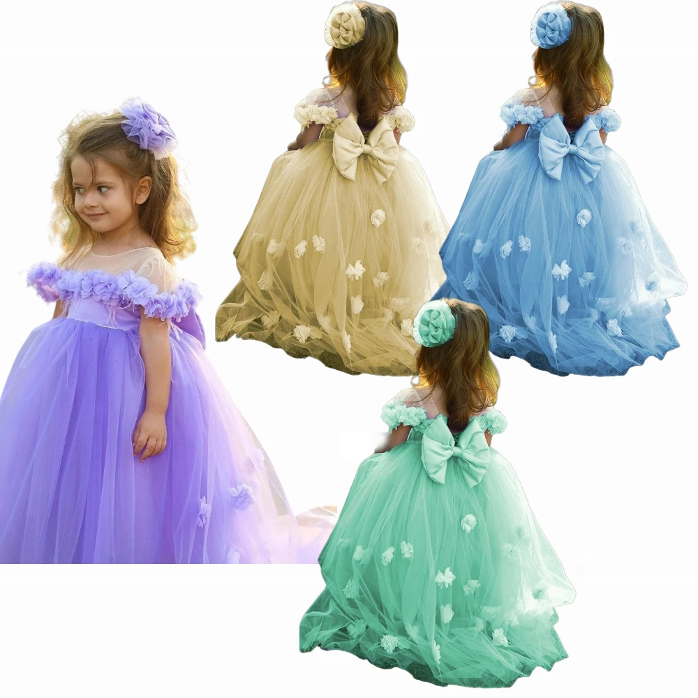 

Lace Appliques Flower Girl Dress Fluffy Tulle Color Bow Pageant Toddler Kids Girls Floor Length Ball Wedding Dresses Party Gowns