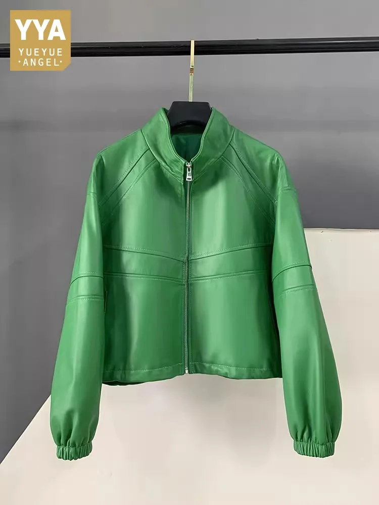 Hot Sale Autumn Casual Natural Sheepskin Women Jacket Zipper Stand Collar Outerwear Office Ladies Party Genuine Leather Overcoat