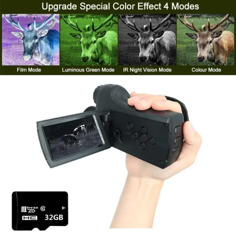 Night Vision Camera DV Green 8X Zoom Infrared 4K Video Audio Image Rotating Display Rechargeable Battery 32GB Timelapse Hunting