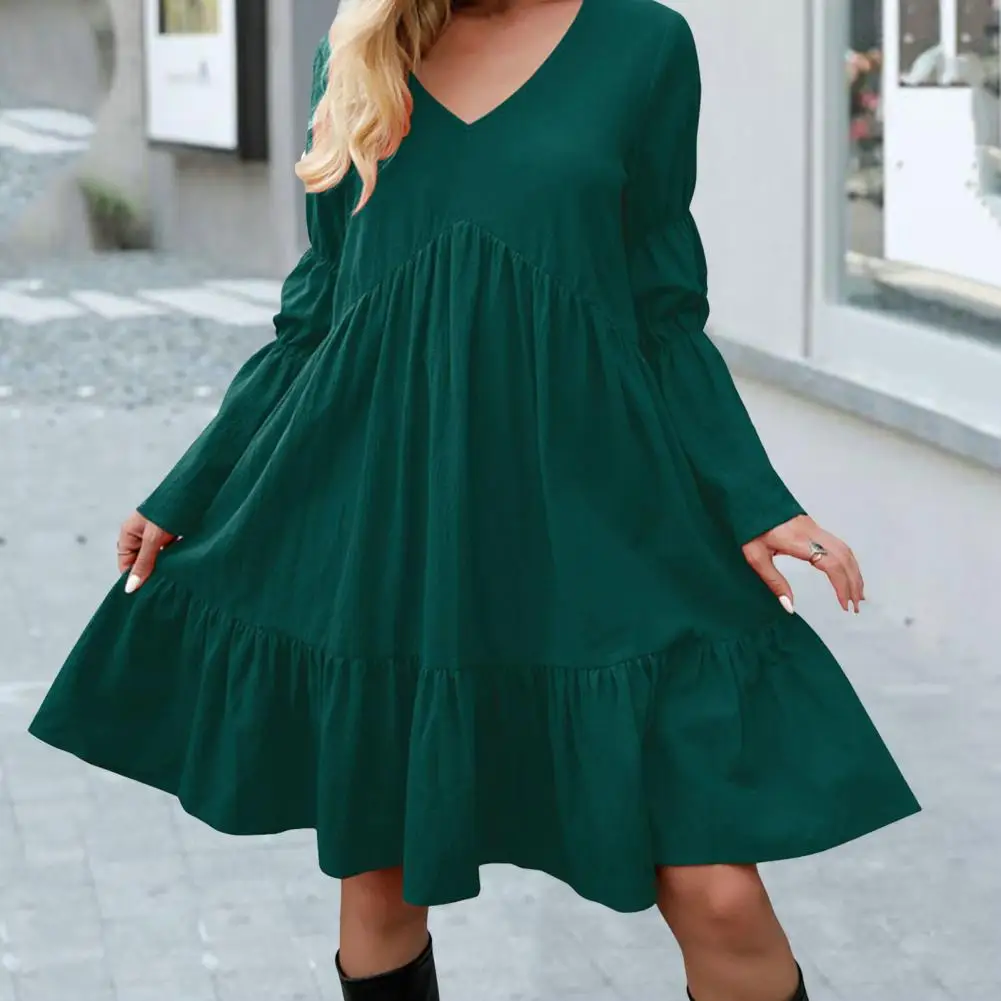 V Neck Long Sleeve Solid Color Autumn Dress Pullover Soft Solid Color Large Ruffled Hem Boho Dress Female Clothing