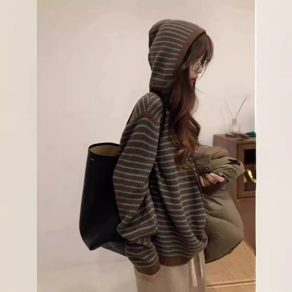 

Women's Striped Hooded Sweater Coat Korean Style Loose Knitted Top for Autumn And Winter New Lazy Design Japanese Niche