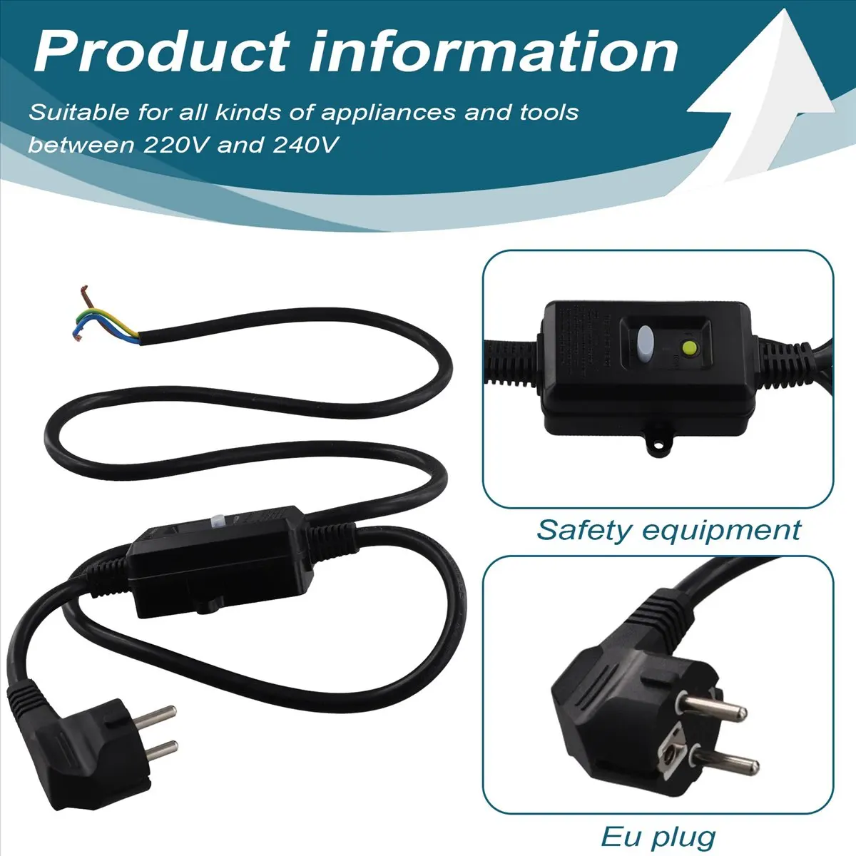 #49E FI Circuit Breaker Socket ,FI Circuit Breaker Socket Residual with Cable, EU Plug Black (Black)