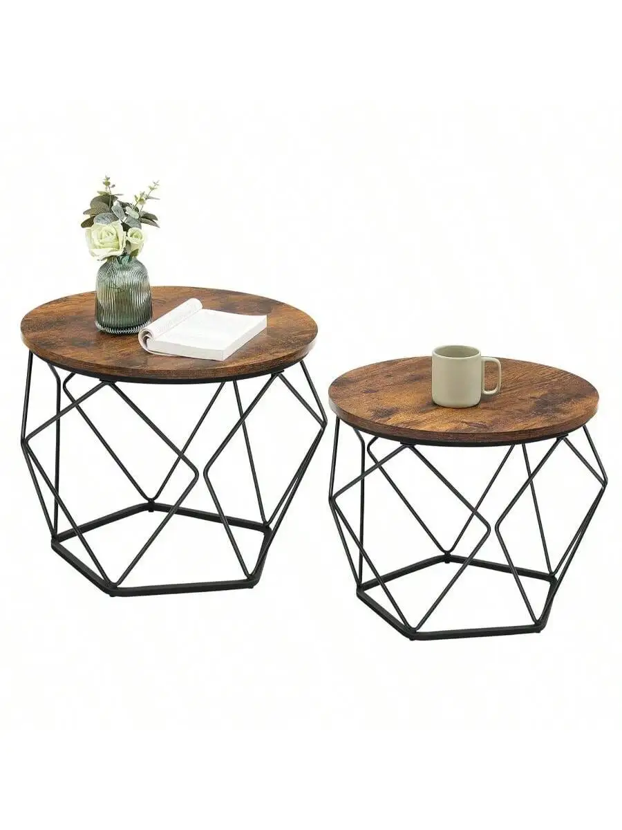 VASAGLE Small Coffee Table Set of 2, Round Coffee Table with Steel Frame, Side End Table for Living Room, Bedroom, Office