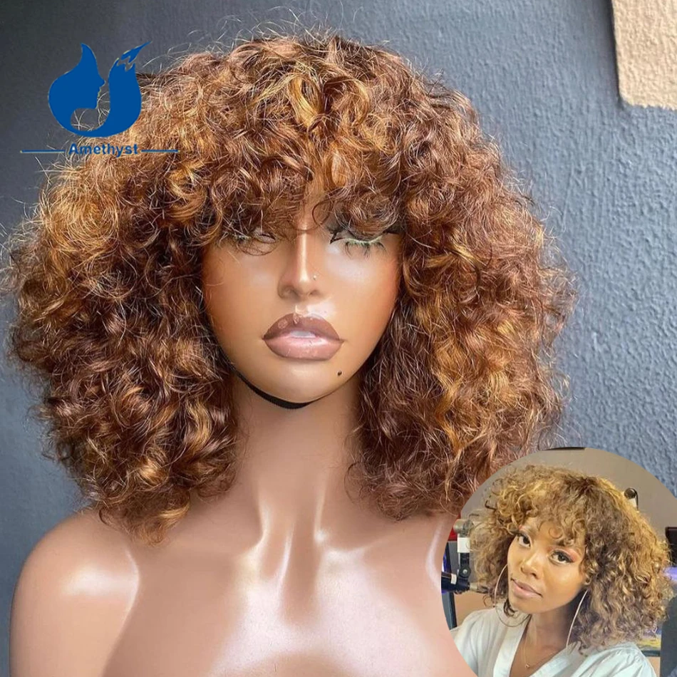 

Amethyst Short Curly Blonde Highlight Human Hair Bob Wig with Bangs For Women Full Machine None Lace Scalp Top Wig Remy Glueless