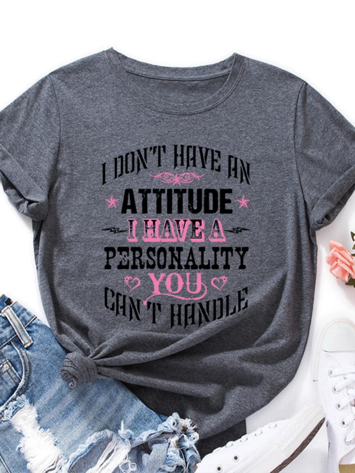 

Women's Loose Fit Cotton T-irt ort Sve round Ne Printed Street Sle Summer Thin Cotton Top for Young Women