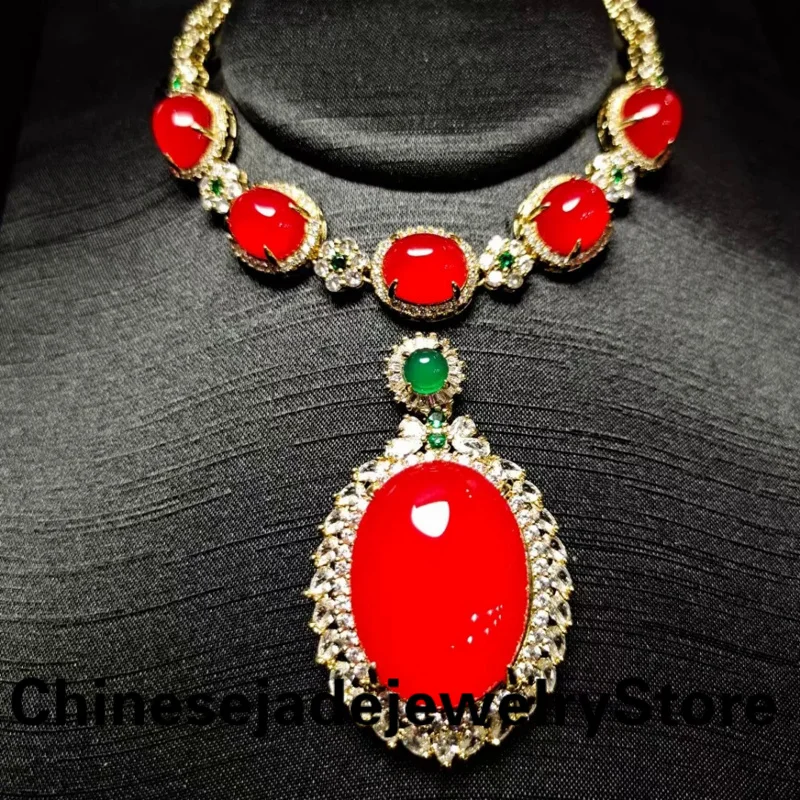 

Natural Red Chalcedony Jade Jewelry Set Women Carnelian Oval Pendant Necklace With Zircon Emerald Jades Bracelets Jewellery Set