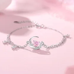 European Pink Heart AAA CZ S925 Sterling Silver Necklace Chain Love Wing For Women Birthday Jewelry
