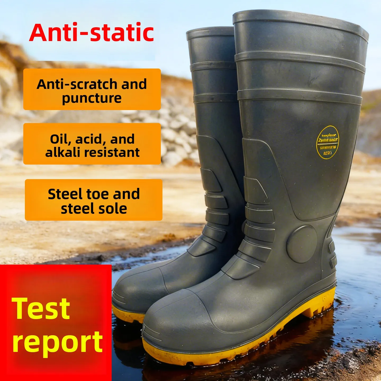 Leer Steel Toe Anti-Static Oil Resistant Chemical Proof Safety Boots Chemical Factory Gas Station Rain Boots Waterproof Shoes