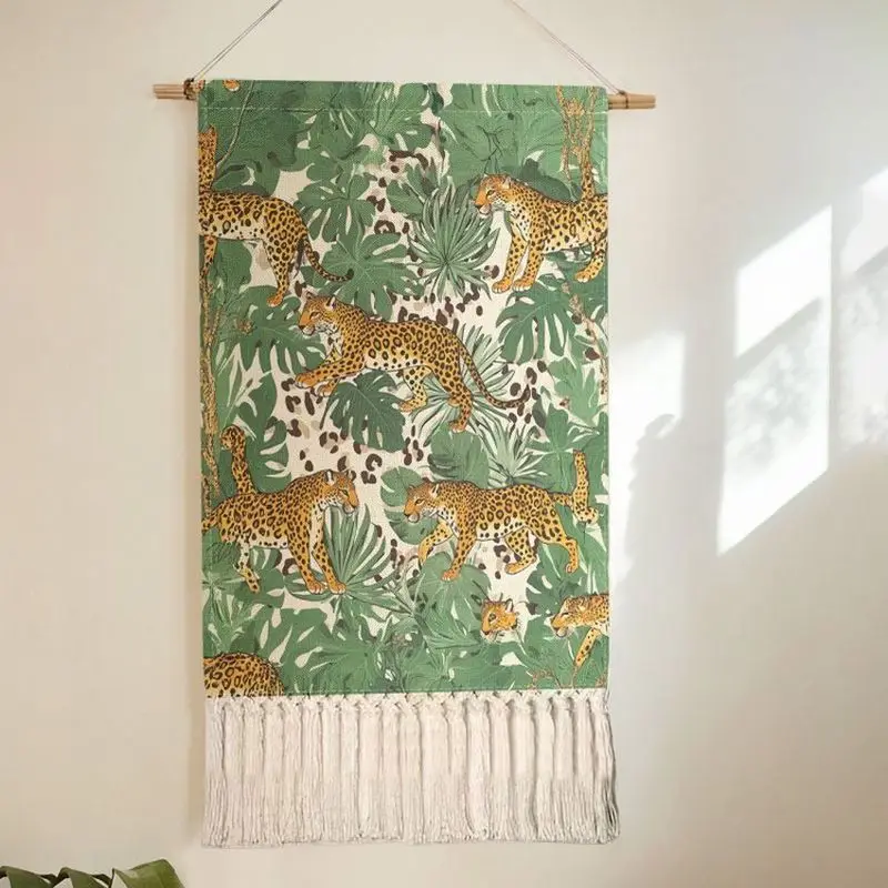 Boho Wild Animal Scroll Tapestry Jungle Leopard Tropical Leaf Tassel Polyester Wall Hanging Aesthetic Bedroom Dorm Home Decor
