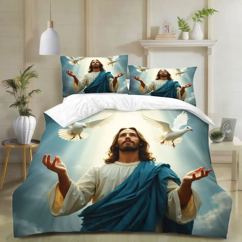 3-Piece Jesus and Dove Bedding Set, Duvet Cover and Pillowcases, Sacred Spiritual Serenity Prayer Christian Bedroom Decor, Soft Polyester Microfiber Fabric Suitable for Master Bedroom, Home, Church Decor, 1 Duvet Cover + 2 Pillowcases, Prayer Room Arrangement, Spiritual Decoration, Sacred Images, Religious Artwork, Durable Bedding, Comfortable Material, Bedding Set, Decorative Duvet Cover, Gifts for Believers, Religious Family