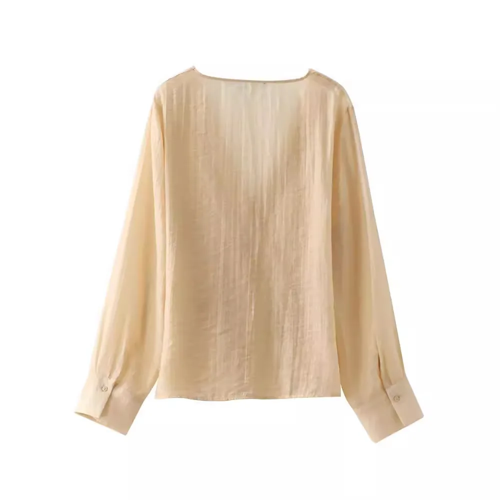 PRINTKAOIR 2024 Summer Ultra Thin Semi Sheer Women Casual Blouse Long Sleeve Wrap Lace Up V Neck Shirt Female Top Y2K Streetwear