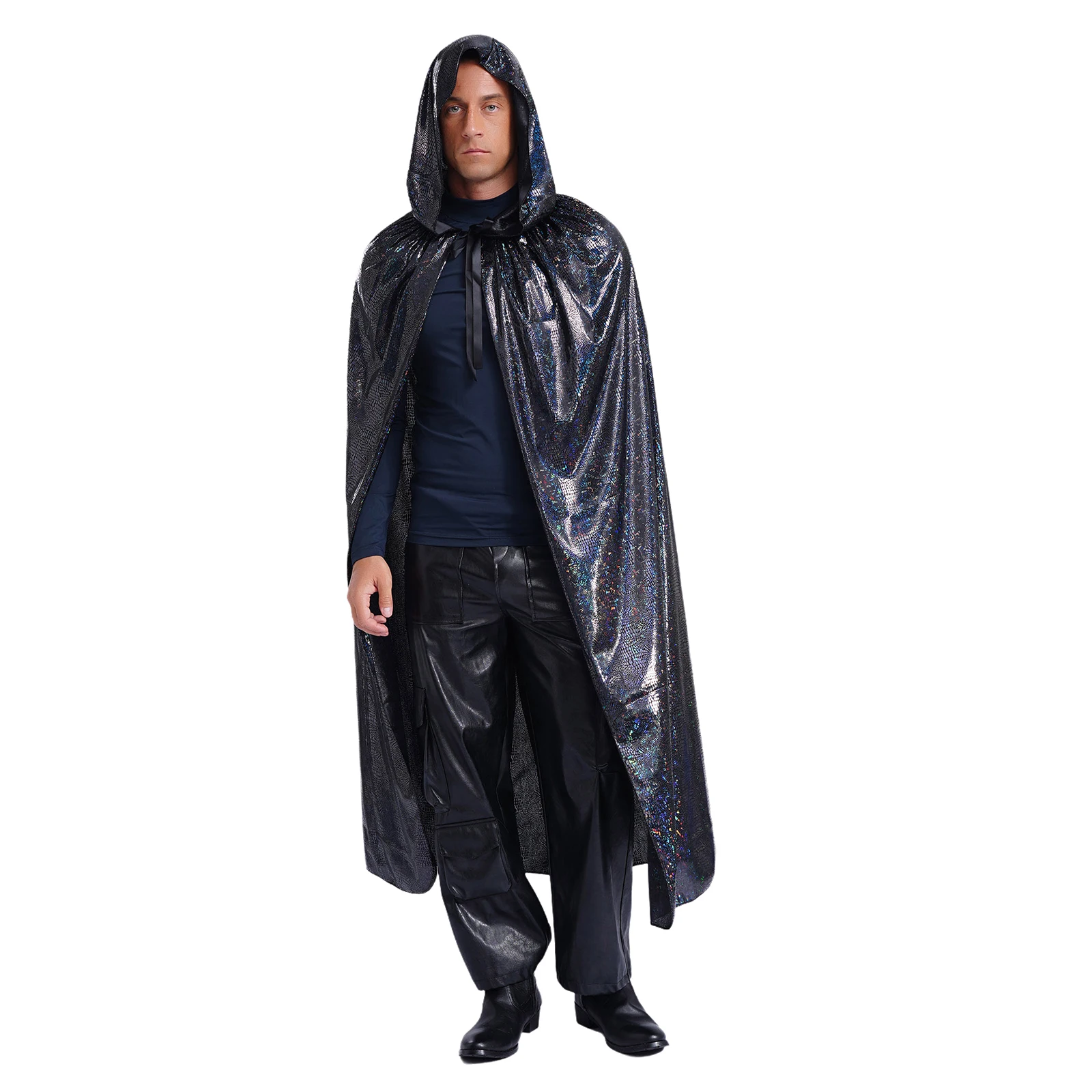 

Men's Halloween Party Shiny Hooded Cape Cloak Robe Front Tying Full Length Cloak Magician Witch Wizard Vampire Cosplay Costume